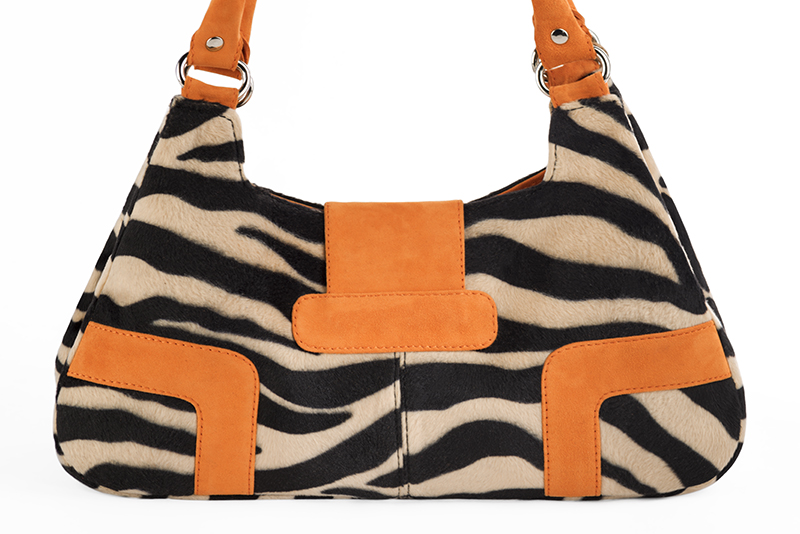 Safari black and apricot orange women's dress handbag, matching pumps and belts. Rear view - Florence KOOIJMAN